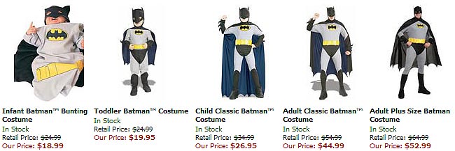 Batman costumes sorted by price, er, I mean age!