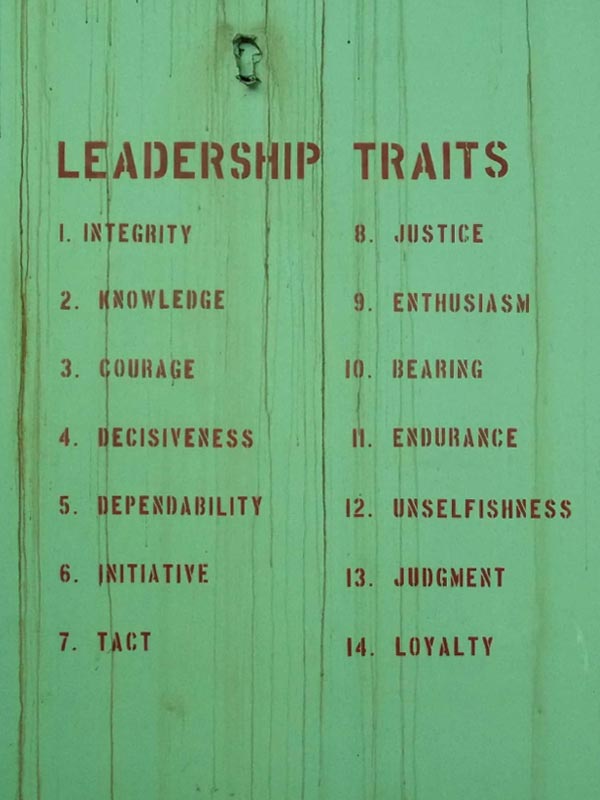 Integrity, Knowledge, Courage, Decisiveness, Dependability, Initiative, Tact, Justice, Enthusiasm, Bearing, Endurance, Unselfishness, Judgement, Loyalty; you can remember them via the helpful mnemonic IKCDDITJEBEUJL Integrity, Knowledge, Courage, Decisiveness, Dependability, Initiative, Tact, Justice, Enthusiasm, Bearing, Endurance, Unselfishness, Judgement, Loyalty; you can remember them via the helpful mnemonic IKCDDITJEBEUJL